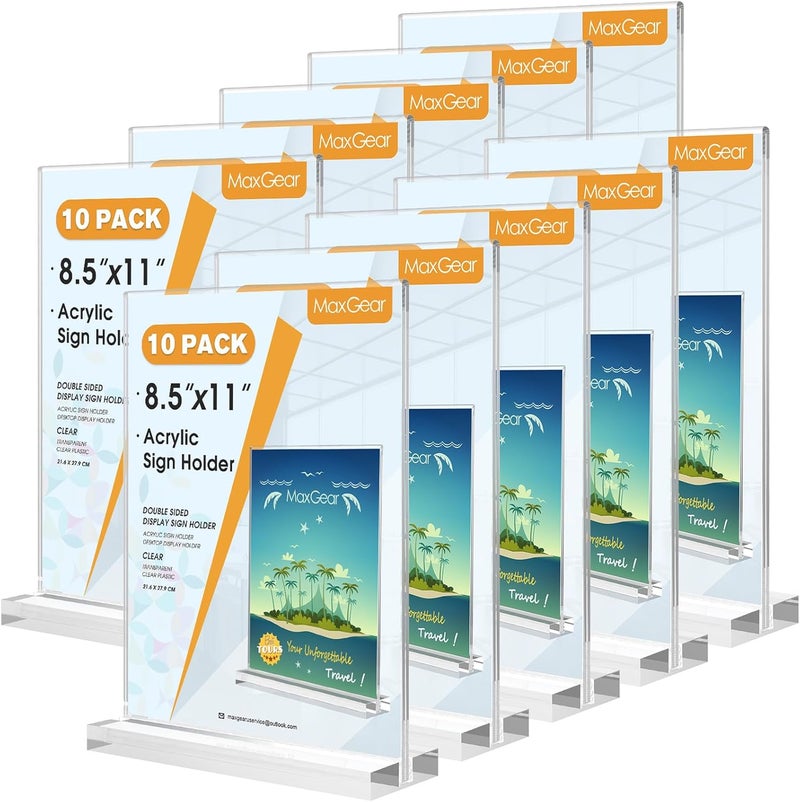 MaxGear حامل لافتات أكريليك 8.5 × 11 بوصة 10 عبوات، حامل عرض بلاستيكي مزدوج الجوانب، إطار أكريليك لطاولة، حامل ورق واضح لقائمة الطيران للمتاجر والمطاعم والفنادق والمكاتب - Image 1